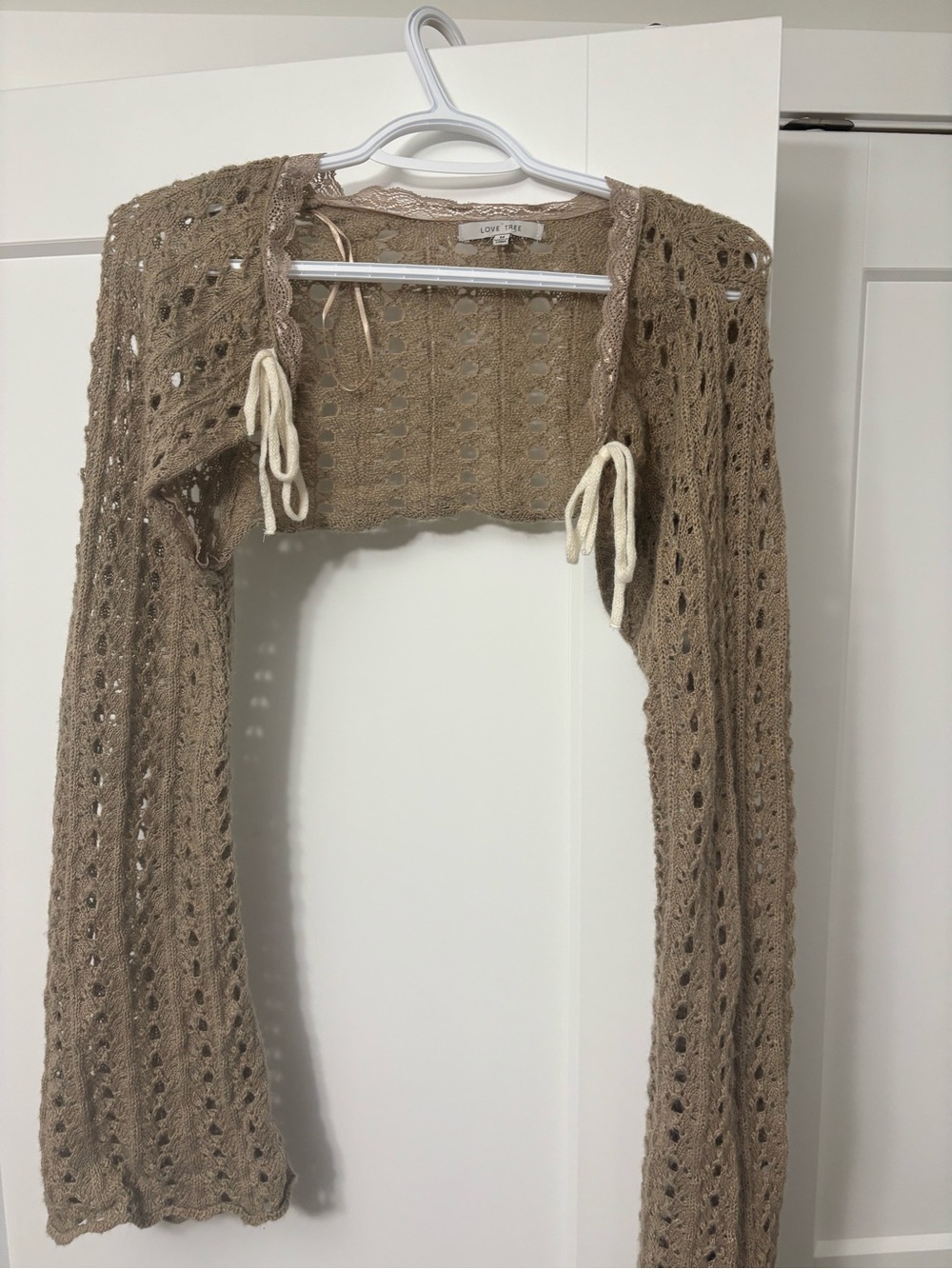 Love Tree Taupe Crochet Tie-Front Bolero Shrug
